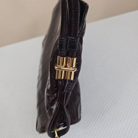 Vintage 60s Black Eel Skin Leather Shoulder Bag Gold Hardware Adjustable Strap - Picture 6 of 9